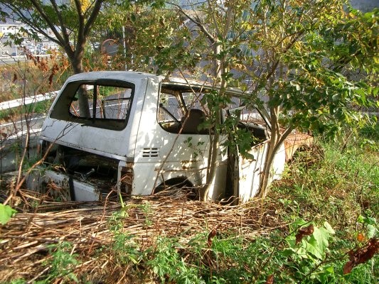 ラサ工業田老鉱山跡【鍬ケ崎鉱石貯蔵施設跡】アプローチ道路廃自動車