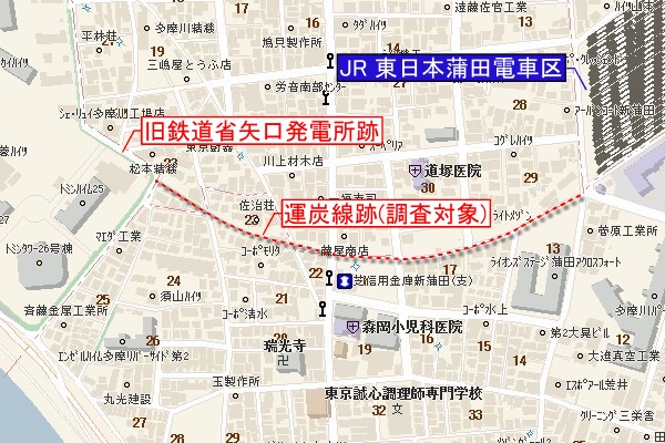 旧国鉄旧矢口発電所運炭線跡道路地図(Live Search Maps)