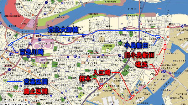 京浜急行電鉄大師線廃止区間【小島新田～桜本】調査対象区間道路地図