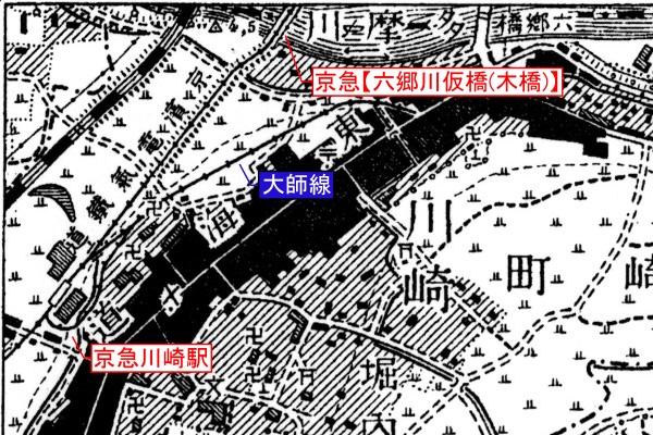 京浜急行電鉄本線旧線【六郷土手～京急川崎】旧版地形図(1/20,000 大森 M41/04/30)