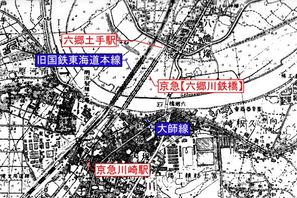 京浜急行電鉄本線旧線【六郷土手～京急川崎】旧版地形図(1/25,000 川崎 T14/02/28)