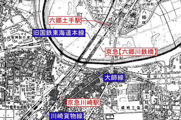 京浜急行電鉄本線旧線【六郷土手～京急川崎】旧版地形図(1/25,000 川崎 S07/10/30)