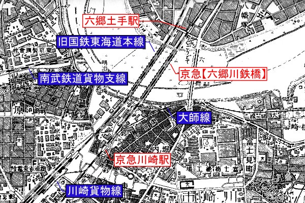 京浜急行電鉄本線旧線【六郷土手～京急川崎】旧版地形図(1/25,000 川崎 S22/07/25)