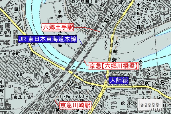 京浜急行電鉄本線旧線【六郷土手～京急川崎】最新地形図(1/25,000 川崎 H20/03/22 現在)