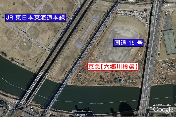 京浜急行電鉄本線旧線【六郷土手～京急川崎】六郷川橋梁付近航空写真(Google Earth)