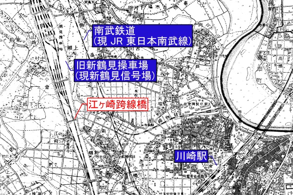 JR 東日本旧新鶴見操車場構内【江ヶ崎跨線橋】旧版地形図(1/25,000 『川崎』昭和 7 年 10 月 30 日発行)