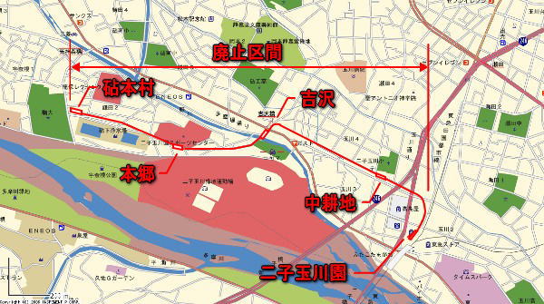 東京急行電鉄砧線跡【二子玉川園～砧本村】調査対象区間道路地図