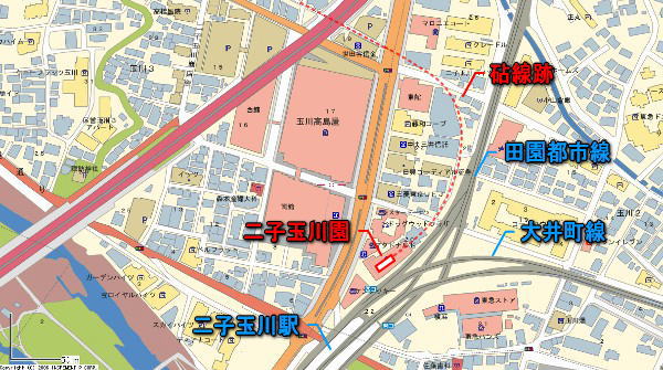 東京急行電鉄砧線跡【二子玉川園～砧本村】二子玉川園～中耕地道路地図